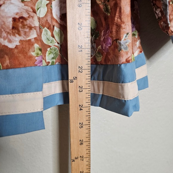 Entro Floral Print Puff Sleeve Peasant Blouse Women's Small Blue Trim Tie Neck - Picture 9 of 10